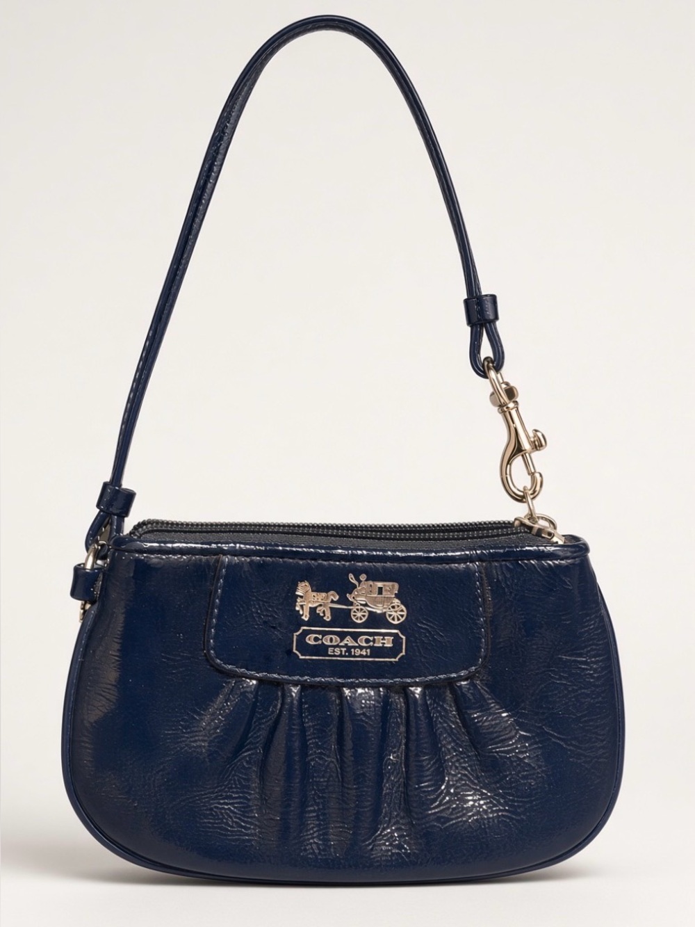 Coach Navy Blue Patent Leather Ruched Wristlet Horse & Carriage
